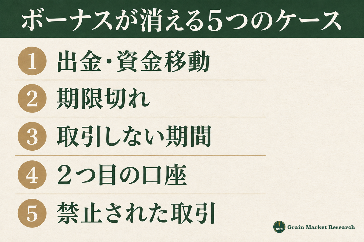口座開設ボーナスが消える・受け取れない5つのケース：出金・資金移動、期限切れ、取引しない期間、2回目の口座開設、禁止されている取引
